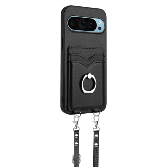 For Google Pixel 9 / 9 Pro R20 Crossbody Rope Ring Card Holder Phone Case(Black)