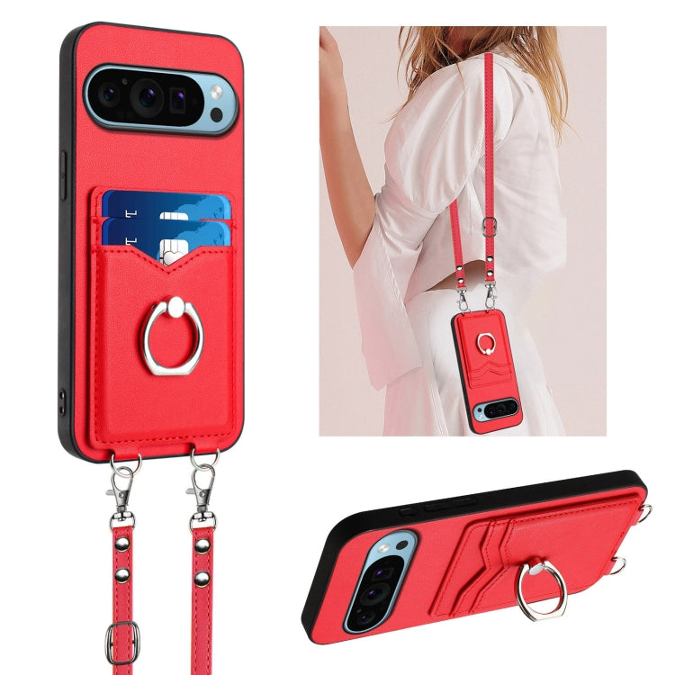 For Google Pixel 9 / 9 Pro R20 Crossbody Rope Ring Card Holder Phone Case(Red)