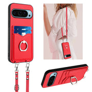 For Google Pixel 9 / 9 Pro R20 Crossbody Rope Ring Card Holder Phone Case(Red)