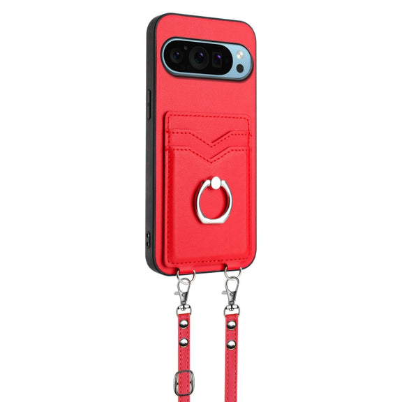For Google Pixel 9 / 9 Pro R20 Crossbody Rope Ring Card Holder Phone Case(Red)