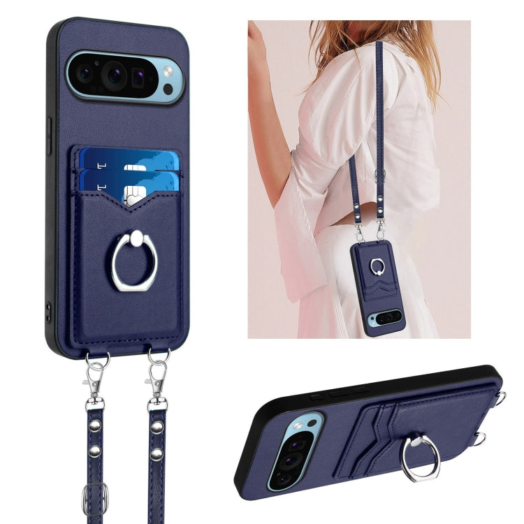 For Google Pixel 9 / 9 Pro R20 Crossbody Rope Ring Card Holder Phone Case(Blue)