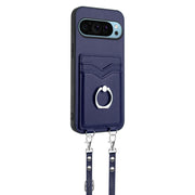For Google Pixel 9 / 9 Pro R20 Crossbody Rope Ring Card Holder Phone Case(Blue)