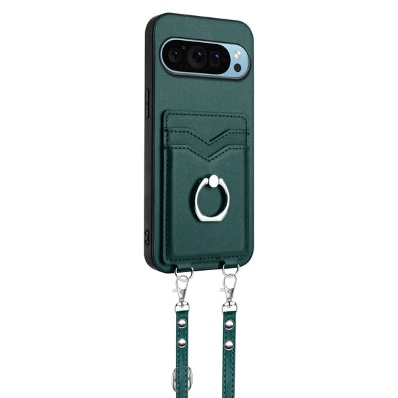 For Google Pixel 9 / 9 Pro R20 Crossbody Rope Ring Card Holder Phone Case(Green)
