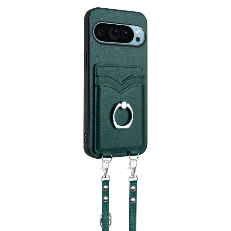 For Google Pixel 9 / 9 Pro R20 Crossbody Rope Ring Card Holder Phone Case(Green)