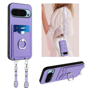 For Google Pixel 9 / 9 Pro R20 Crossbody Rope Ring Card Holder Phone Case(Purple)