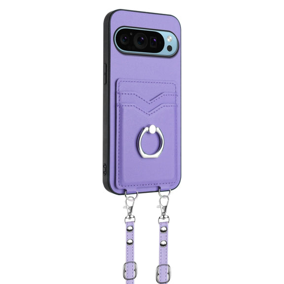 For Google Pixel 9 / 9 Pro R20 Crossbody Rope Ring Card Holder Phone Case(Purple)