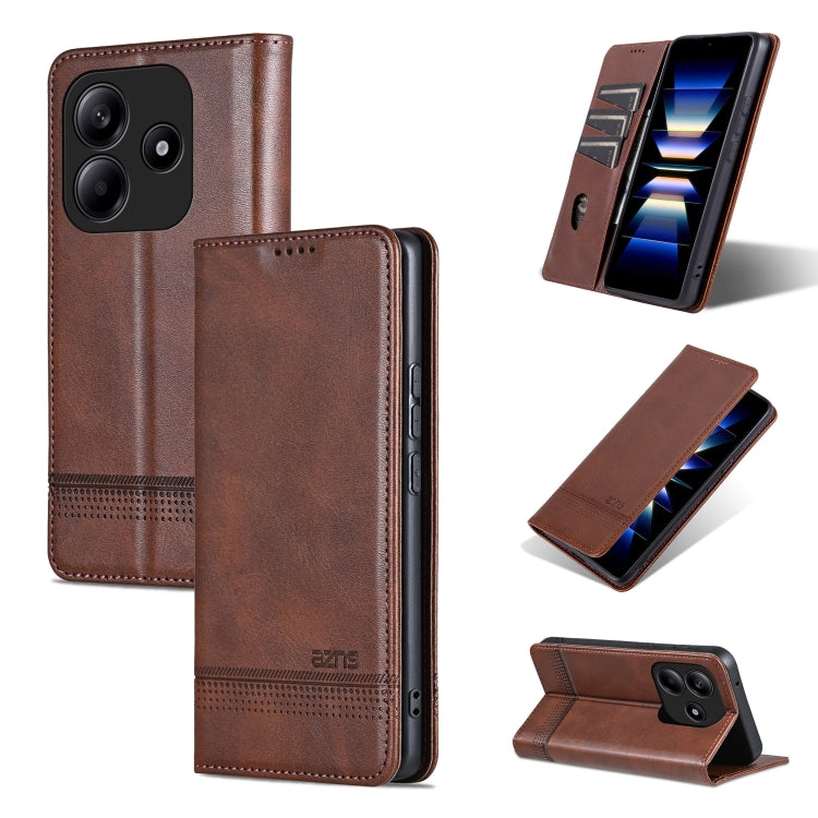 For Redmi Note 14 5G AZNS Magnetic Calf Texture Flip Leather Phone Case(Dark Brown)