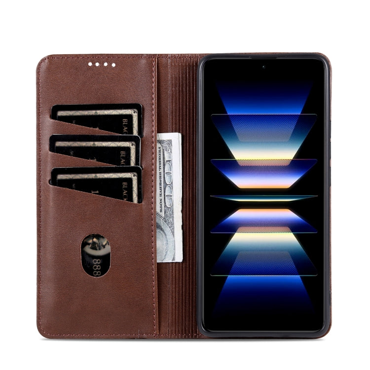 For Redmi Note 14 5G AZNS Magnetic Calf Texture Flip Leather Phone Case(Dark Brown)