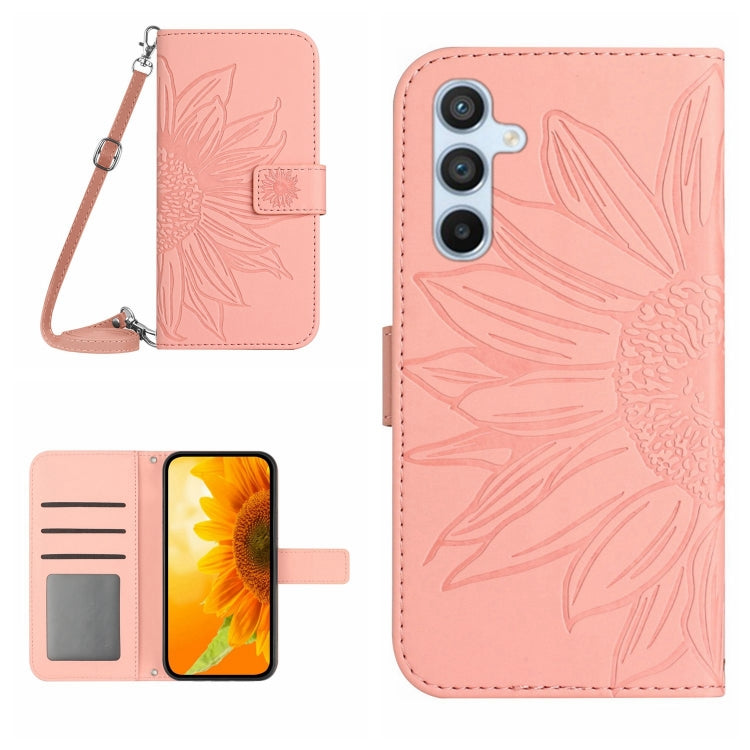 For Samsung Galaxy S25+ 5G Skin Feel Sun Flower Embossed Flip Leather Phone Case with Lanyard(Pink)