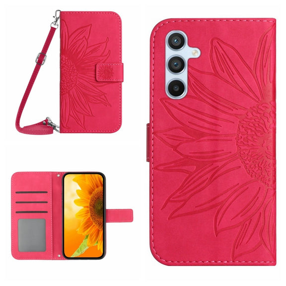 For Samsung Galaxy S25+ 5G Skin Feel Sun Flower Embossed Flip Leather Phone Case with Lanyard(Rose Red)