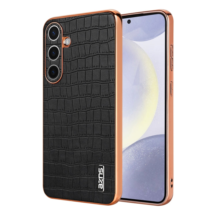 For Samsung Galaxy S25 5G AZNS Electroplated Frame Crocodile Texture Full Coverage Phone Case(Black)