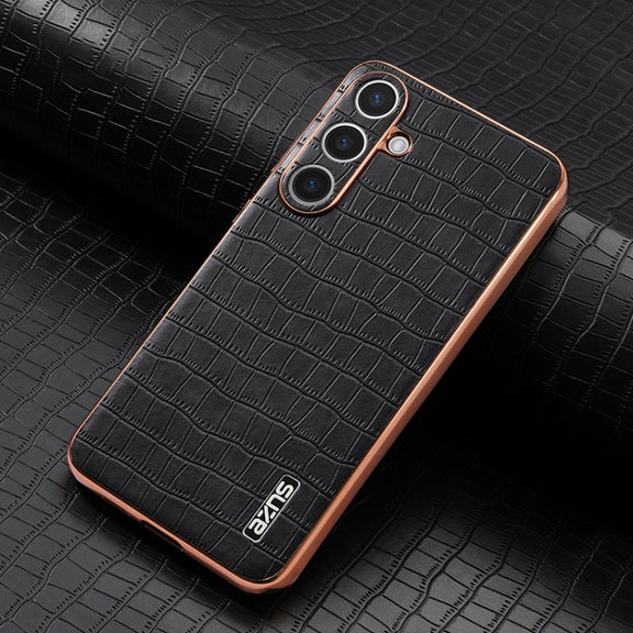 For Samsung Galaxy S25 5G AZNS Electroplated Frame Crocodile Texture Full Coverage Phone Case(Black)