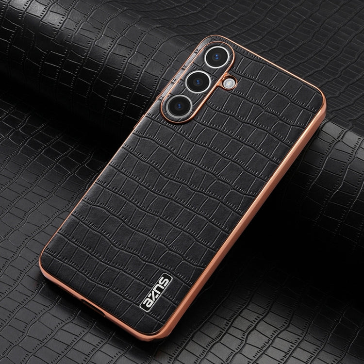 For Samsung Galaxy S25 5G AZNS Electroplated Frame Crocodile Texture Full Coverage Phone Case(Black)