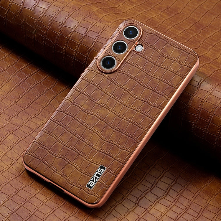For Samsung Galaxy S25 5G AZNS Electroplated Frame Crocodile Texture Full Coverage Phone Case(Brown)