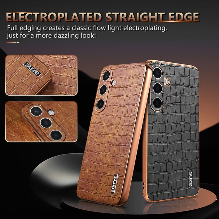 For Samsung Galaxy S25 5G AZNS Electroplated Frame Crocodile Texture Full Coverage Phone Case(Brown)