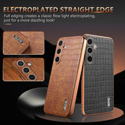 For Samsung Galaxy S25 5G AZNS Electroplated Frame Crocodile Texture Full Coverage Phone Case(Brown)