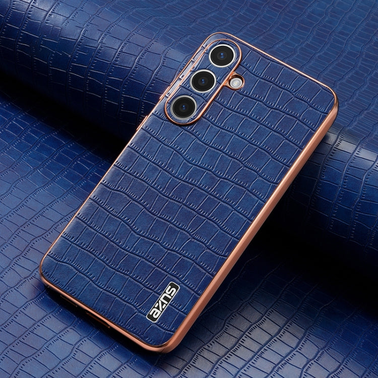 For Samsung Galaxy S25 5G AZNS Electroplated Frame Crocodile Texture Full Coverage Phone Case(Blue)