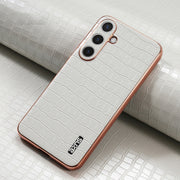 For Samsung Galaxy S25 5G AZNS Electroplated Frame Crocodile Texture Full Coverage Phone Case(White)