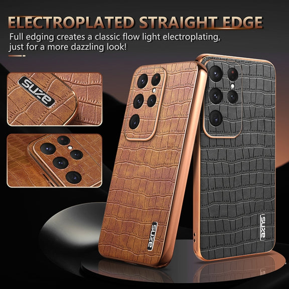 For Samsung Galaxy S25 Ultra 5G AZNS Electroplated Frame Crocodile Texture Full Coverage Phone Case(Black)