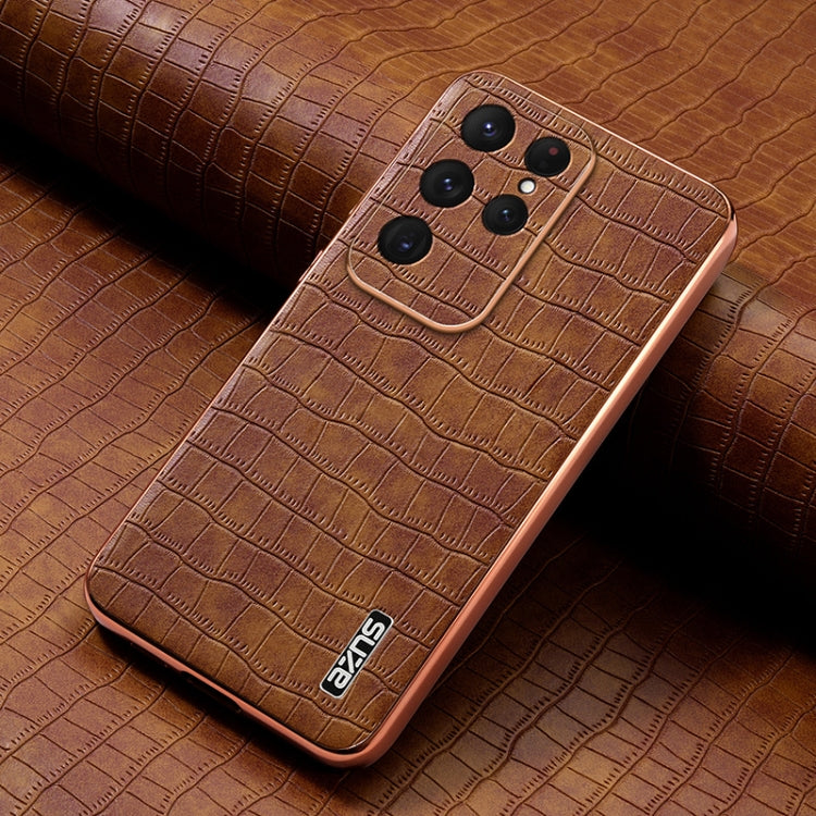 For Samsung Galaxy S25 Ultra 5G AZNS Electroplated Frame Crocodile Texture Full Coverage Phone Case(Brown)