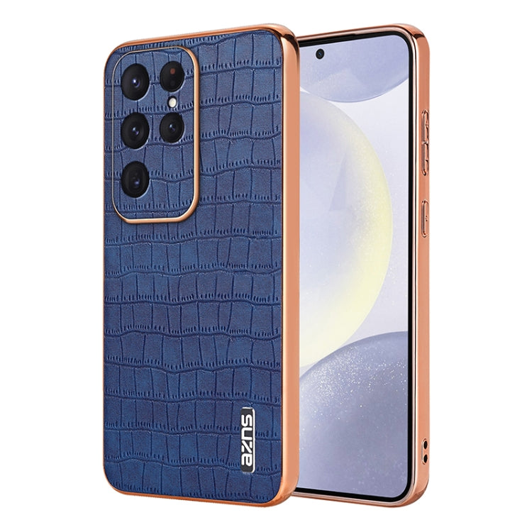 For Samsung Galaxy S25 Ultra 5G AZNS Electroplated Frame Crocodile Texture Full Coverage Phone Case(Blue)