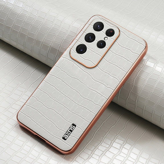 For Samsung Galaxy S25 Ultra 5G AZNS Electroplated Frame Crocodile Texture Full Coverage Phone Case(White)