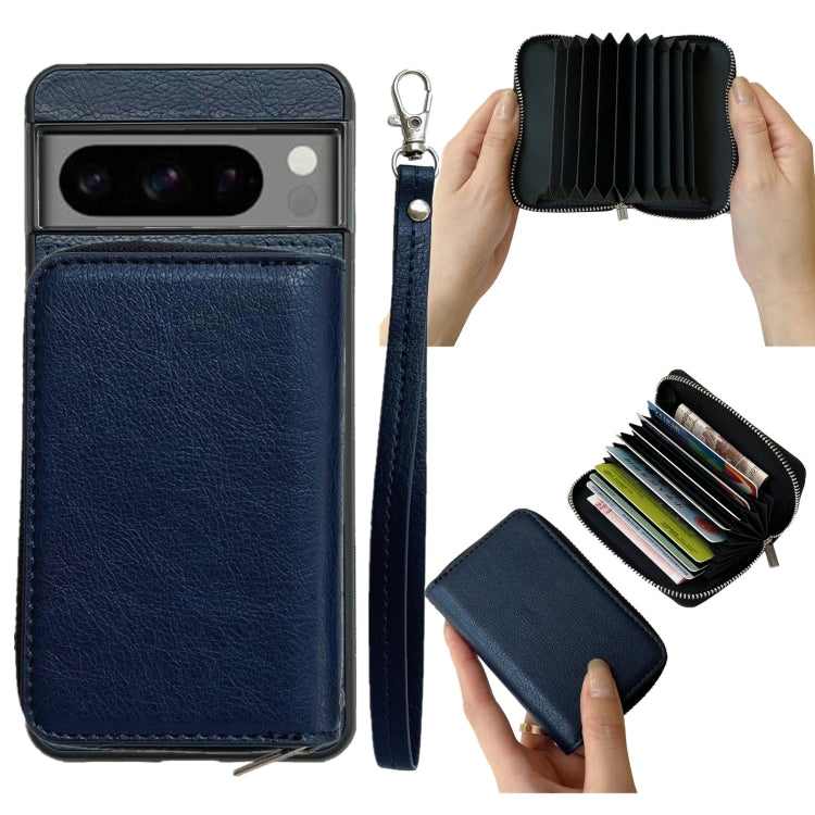 For Google Pixel 9 / 9 Pro Solid Color Zipper 11-Card Slots Bag Phone Case with Lanyard(Blue)