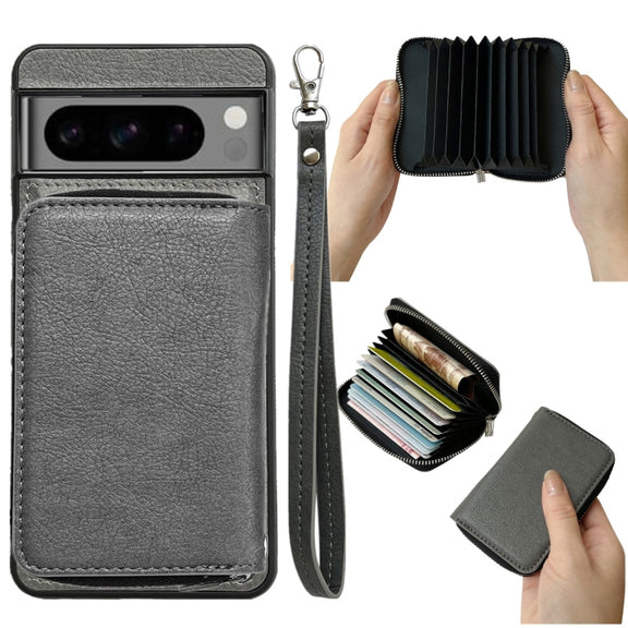 For Google Pixel 9 / 9 Pro Solid Color Zipper 11-Card Slots Bag Phone Case with Lanyard(Grey)