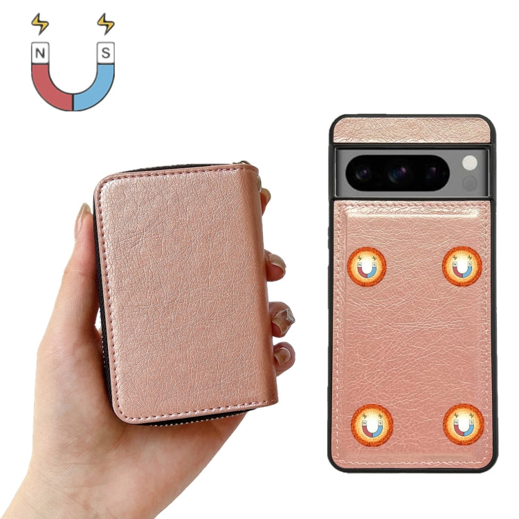 For Google Pixel 9 / 9 Pro Solid Color Zipper 11-Card Slots Bag Phone Case with Lanyard(Rose Gold)