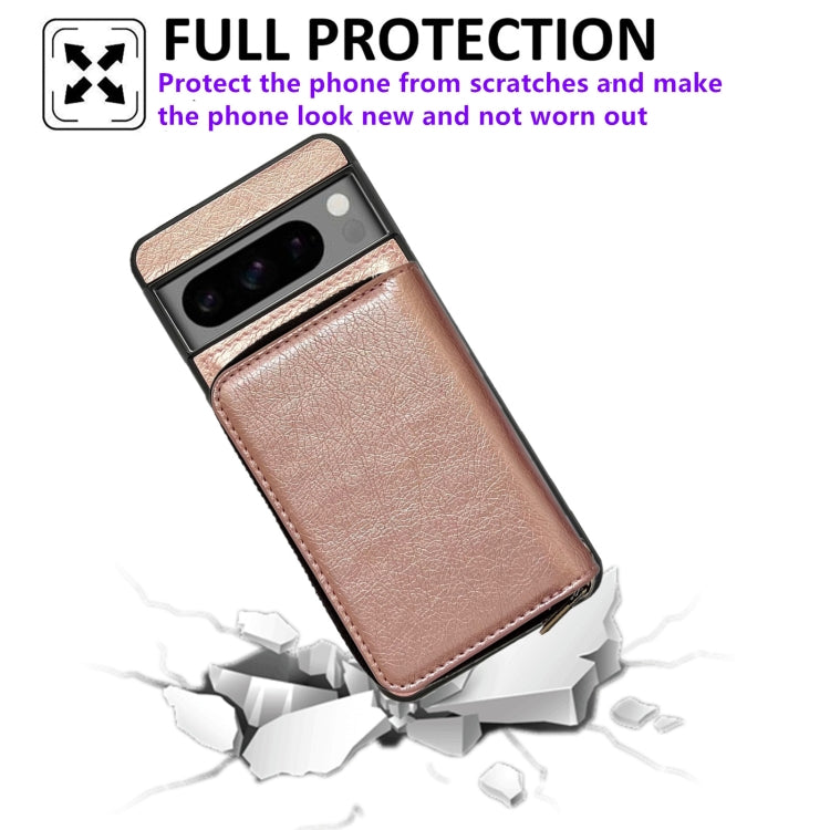 For Google Pixel 7 Solid Color Zipper 11-Card Slots Bag Phone Case with Lanyard(Rose Gold)