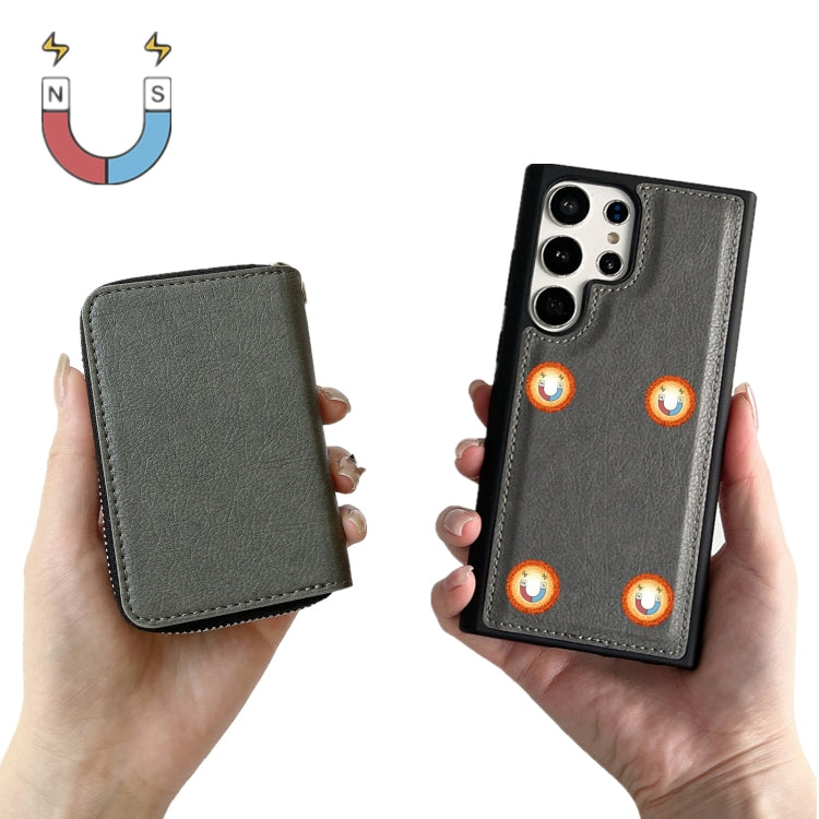 For Samsung Galaxy S24 Ultra 5G Solid Color Zipper 11-Card Slots Bag Phone Case with Lanyard(Grey)