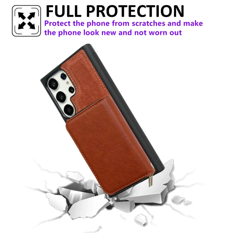For Samsung Galaxy S24 Ultra 5G Solid Color Zipper 11-Card Slots Bag Phone Case with Lanyard(Brown)