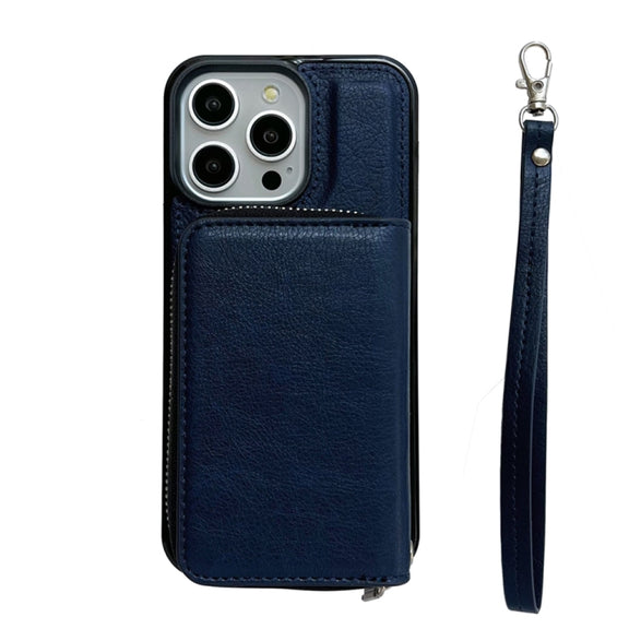 For iPhone 16 Pro Max Solid Color Zipper 11-Card Slots Bag Phone Case with Lanyard(Blue)