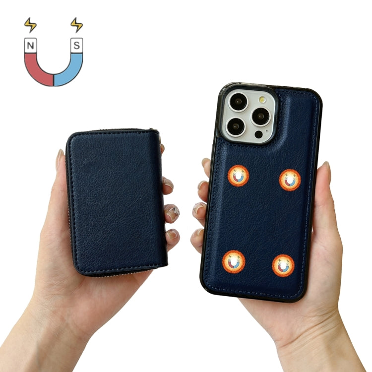 For iPhone 16 Pro Max Solid Color Zipper 11-Card Slots Bag Phone Case with Lanyard(Blue)