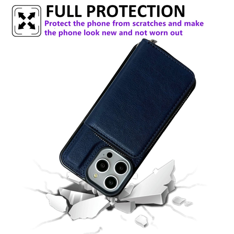 For iPhone 16 Pro Max Solid Color Zipper 11-Card Slots Bag Phone Case with Lanyard(Blue)