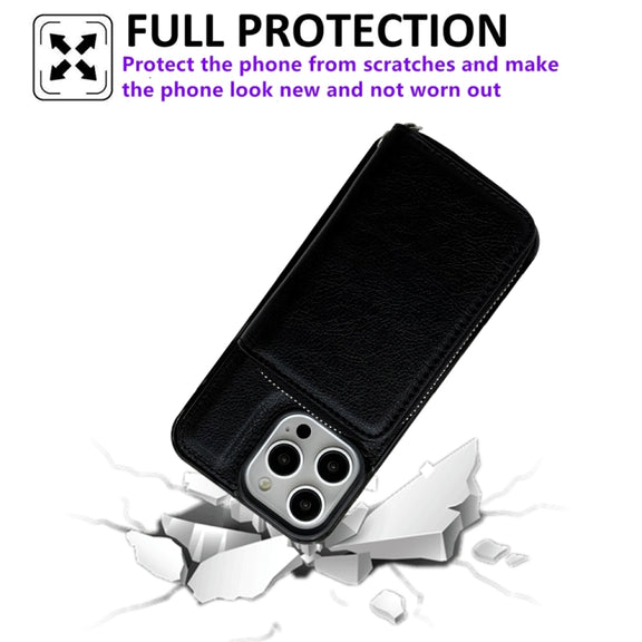For iPhone 16 Pro Max Solid Color Zipper 11-Card Slots Bag Phone Case with Lanyard(Black)