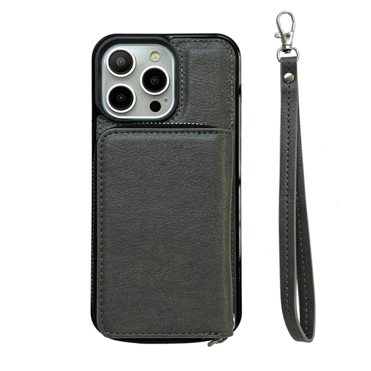 For iPhone 16 Pro Max Solid Color Zipper 11-Card Slots Bag Phone Case with Lanyard(Grey)