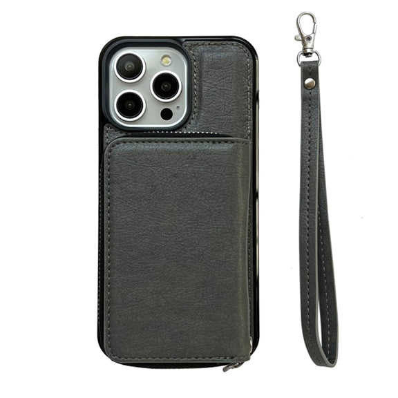 For iPhone 16 Pro Max Solid Color Zipper 11-Card Slots Bag Phone Case with Lanyard(Grey)