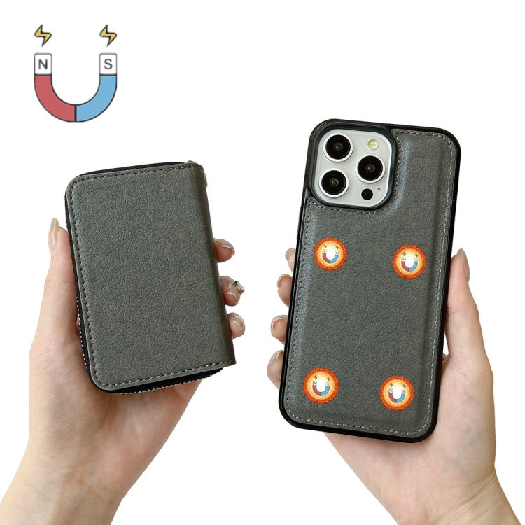 For iPhone 16 Pro Max Solid Color Zipper 11-Card Slots Bag Phone Case with Lanyard(Grey)