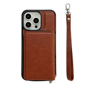 For iPhone 16 Pro Max Solid Color Zipper 11-Card Slots Bag Phone Case with Lanyard(Brown)