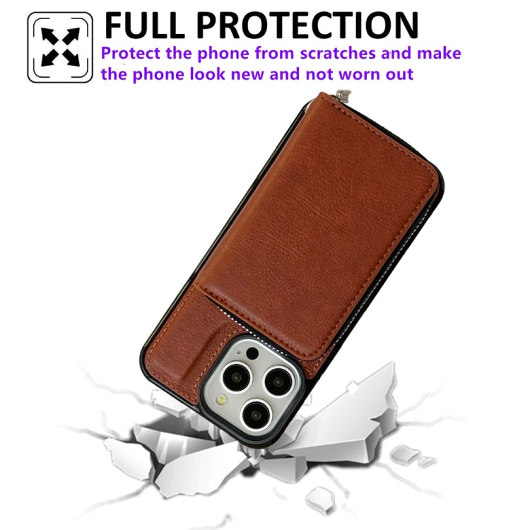 For iPhone 16 Pro Max Solid Color Zipper 11-Card Slots Bag Phone Case with Lanyard(Brown)