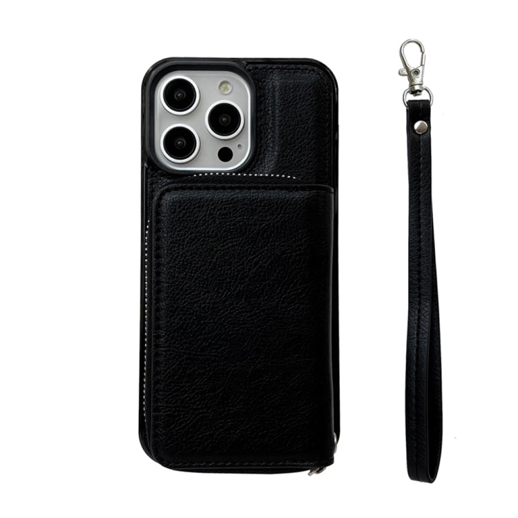 For iPhone 16 Pro Solid Color Zipper 11-Card Slots Bag Phone Case with Lanyard(Black)