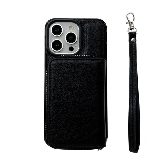 For iPhone 16 Pro Solid Color Zipper 11-Card Slots Bag Phone Case with Lanyard(Black)