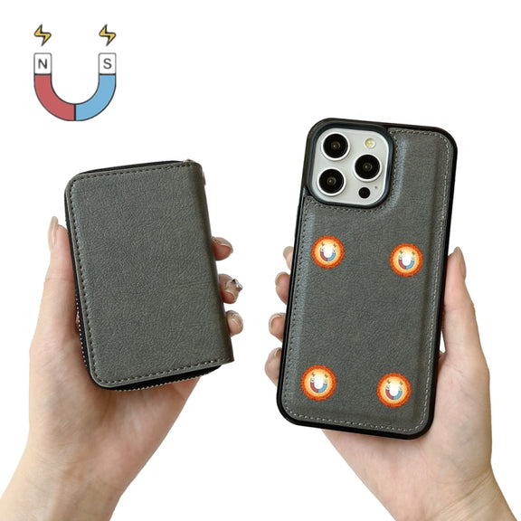 For iPhone 16 Pro Solid Color Zipper 11-Card Slots Bag Phone Case with Lanyard(Grey)