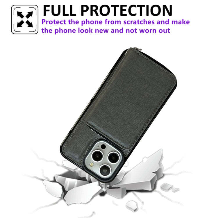 For iPhone 16 Pro Solid Color Zipper 11-Card Slots Bag Phone Case with Lanyard(Grey)