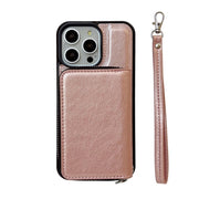 For iPhone 16 Pro Solid Color Zipper 11-Card Slots Bag Phone Case with Lanyard(Rose Gold)