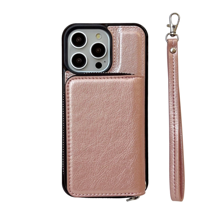For iPhone 16 Pro Solid Color Zipper 11-Card Slots Bag Phone Case with Lanyard(Rose Gold)