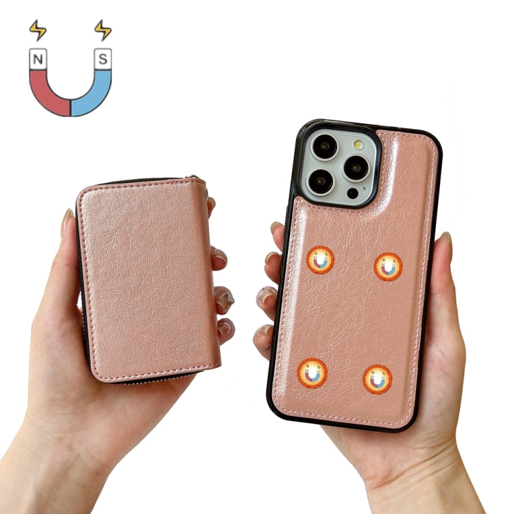 For iPhone 16 Pro Solid Color Zipper 11-Card Slots Bag Phone Case with Lanyard(Rose Gold)