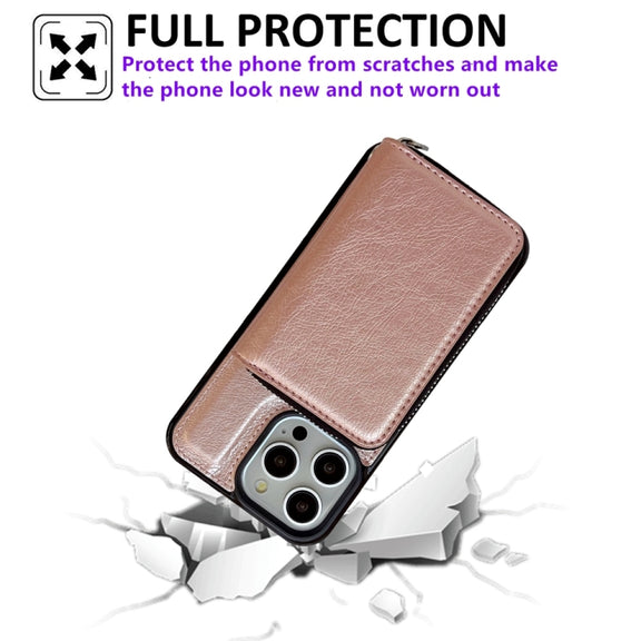 For iPhone 16 Pro Solid Color Zipper 11-Card Slots Bag Phone Case with Lanyard(Rose Gold)