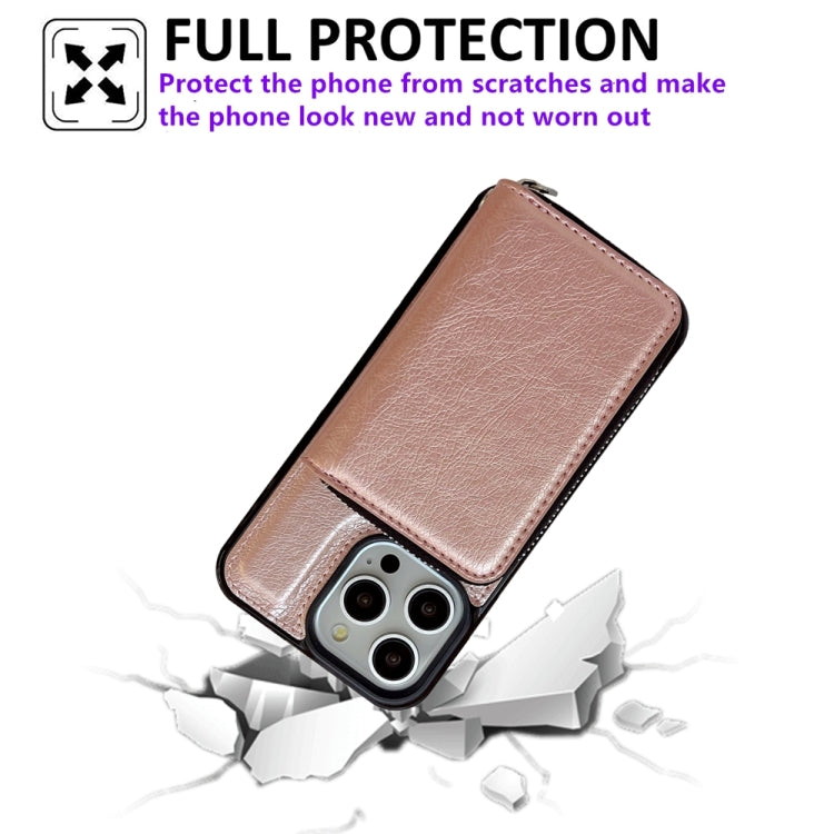 For iPhone 16 Pro Solid Color Zipper 11-Card Slots Bag Phone Case with Lanyard(Rose Gold)